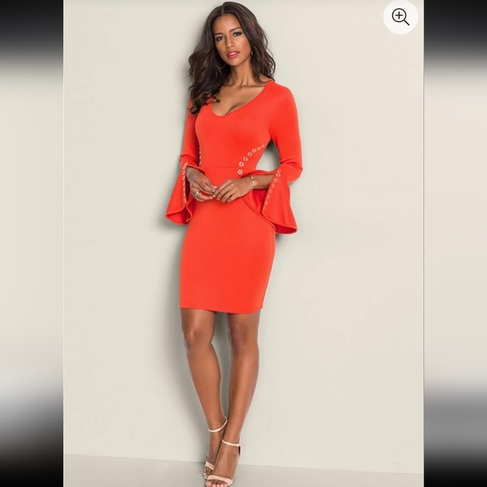 Venus Orange Bell Sleeve Eyelet Studded Dress
